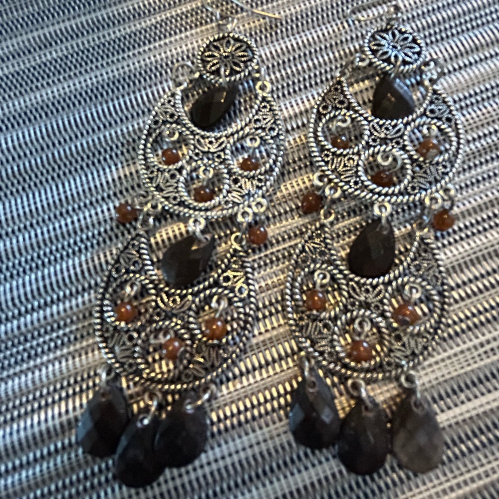 Silver and dark chocolate and cocoa bead chandelier earrings pierced hook backs
